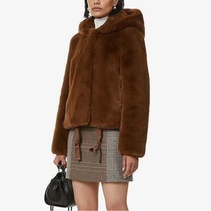 sandro NEW Women's Brown Mirage Hooded Faux-fur Jacket
